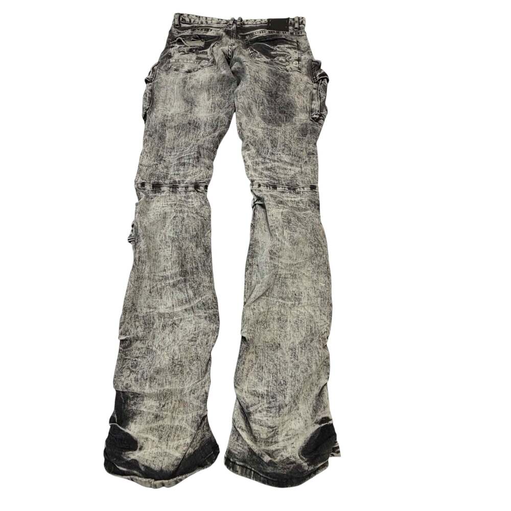 Smoke Rise Men's Stacked Flare Cargo Denim Jeans in Acid Washed Black - Picture 8 of 8